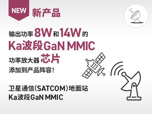 新产品,输出功率8W和14W的 Ka波段 GaN MMIC 功率放大器芯片 添加到产品阵容！ 卫星通信（SATCOM）地面站 Ka波段GaN MMIC